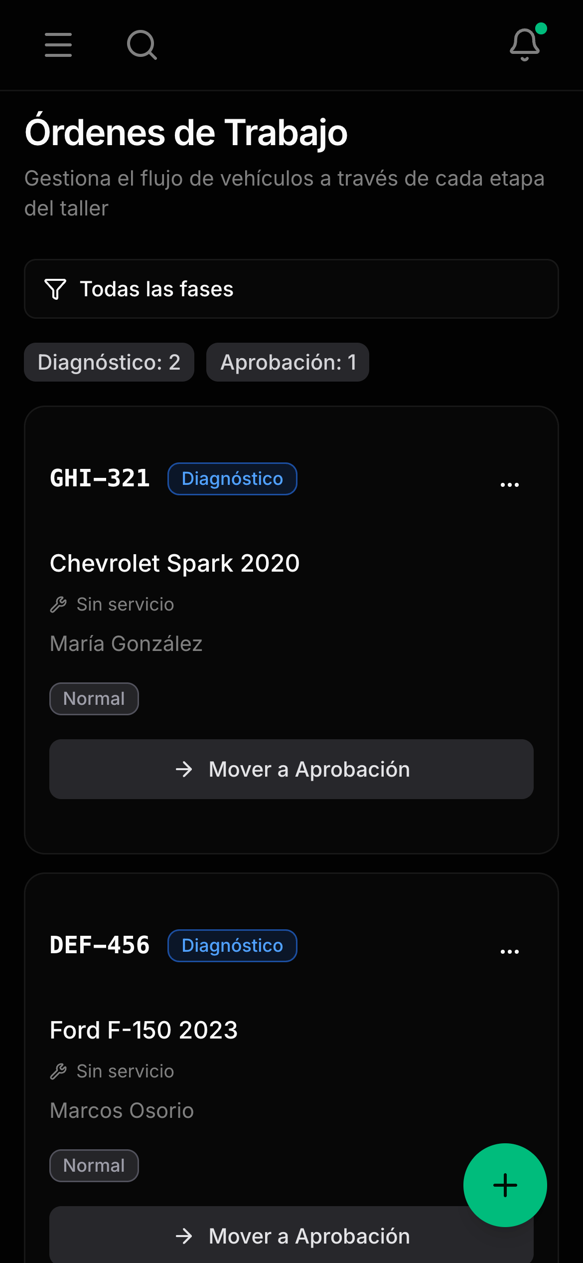 Vista móvil de órdenes de trabajo en TallerPro