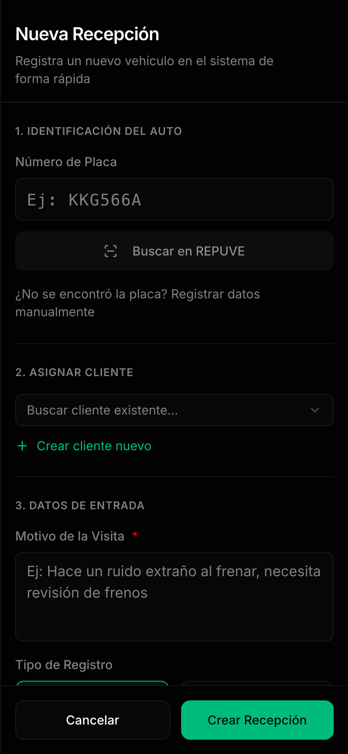 Vista móvil de recepciones en TallerPro